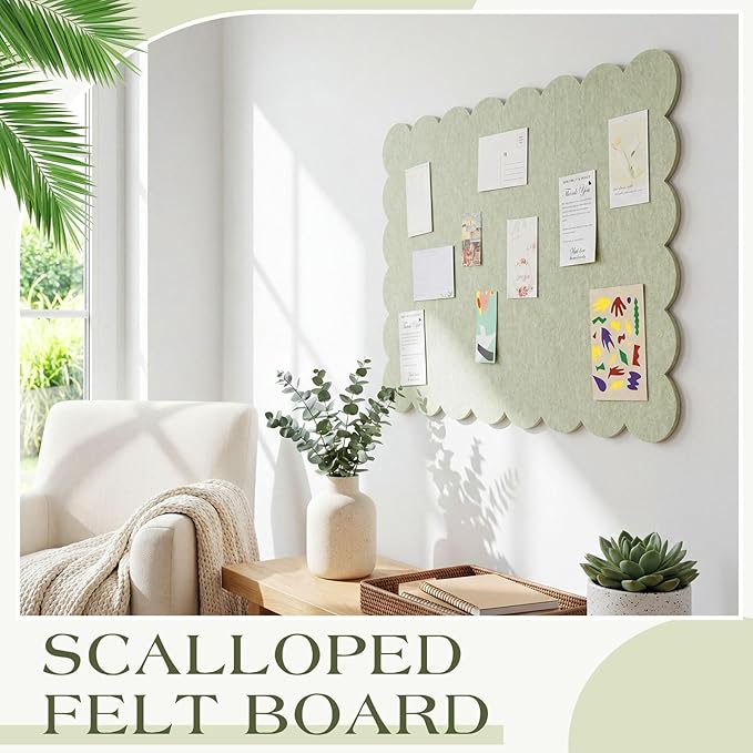 Mooliwe Scalloped Felt Bulletin Board Foldable Pin Cork Board Alternative for Wall Foldable Picture Vision Self Adhesive Bulletin Decorative (Sage Green,24 * 18 Inch)