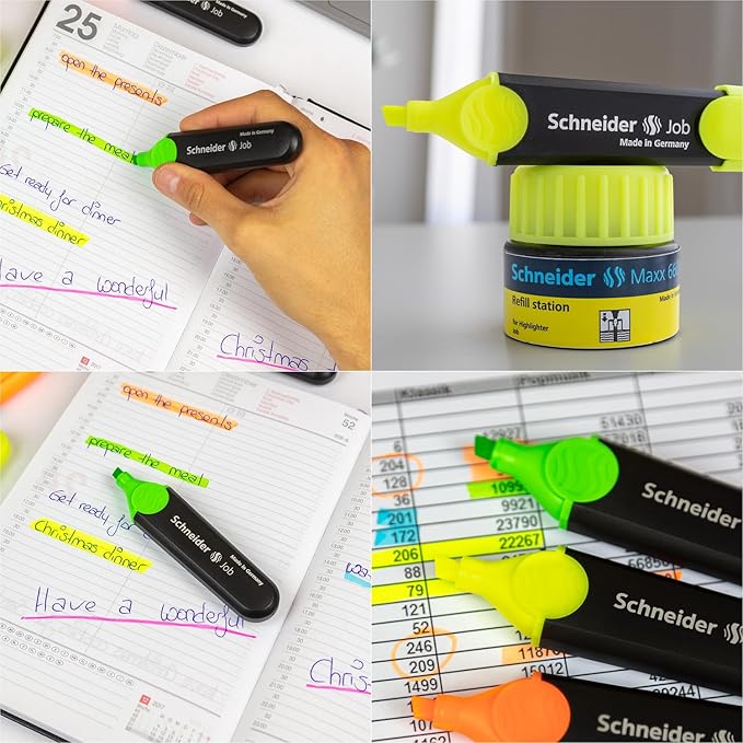 Schneider Job Highlighter, Chisel Tip, 1 + 5 mm, Black Barrel, Green Ink, Box of 10 Highlighters (1504)