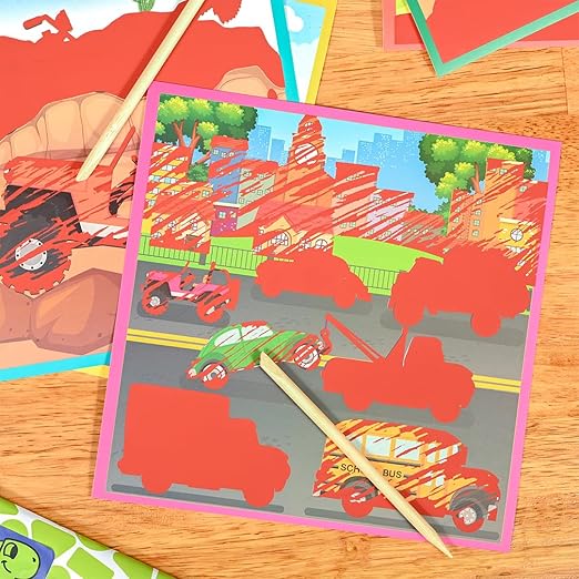 READY 2 LEARN Magic Scratch Paper - Transport - 10 Vibrant Scenes - Scratch Art for Kids - Reveal Colorful, Travel Designs