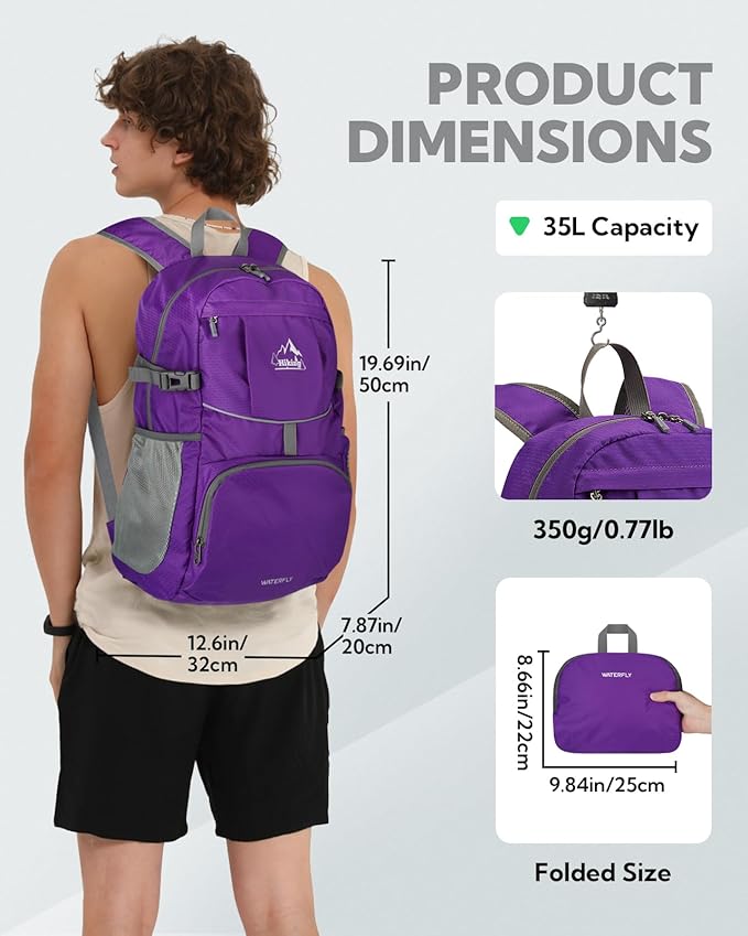 WATERFLY Hiking Packable Daypack Backpack: 35L Ultra Lightweight Day Pack for Women Men - Large Foldable Back Pack for Outdoor Sport Cycling Camping Travel Trip - Purple