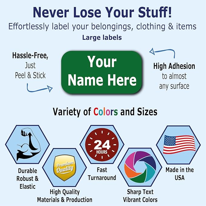 24 Large Personalized Waterproof Name Labels. Press and Stick Multi use Custom Name Labels. Customized 2 Lines of Text and Color. ID Identification Name Stickers with Permanent Self Adhesive.