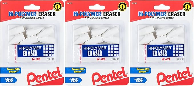 Pentel HI-Polymer Eraser Combo Pack, 6 Caps, 1 Large (ZEH0210BP7) (Pack of 3)