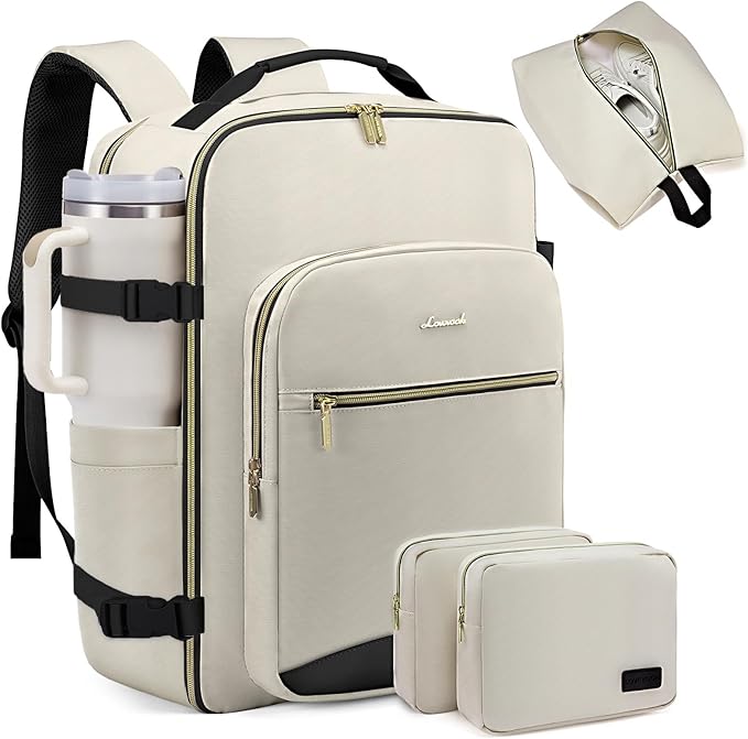 LOVEVOOK 40L Large Travel Backpack for Women Men, 17 Inch Carry on Backpack for Traveling on Airplane, Personal Item Travel Bag Airline Approved, Business Causal Weekender Backpack, Beige-Black