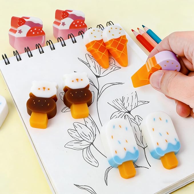 Smilo Scented Ice Cream Erasers 8 Pack - Realistic Food Shape Novelty Pencil Erasers, Classroom Prizes, Goodie Bag Fillers, Homework Rewards & Gifts