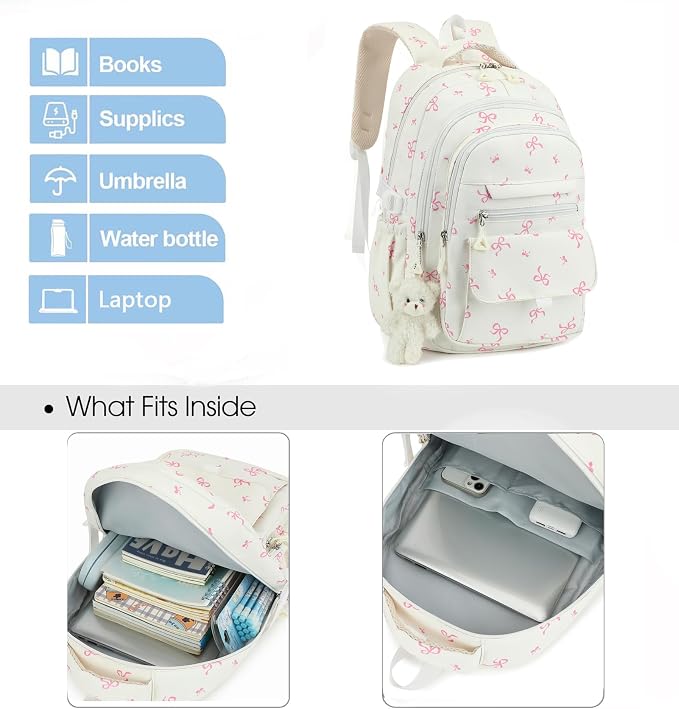 PRLINJSK Girls Backpack for College High Middle School Student, Cute Aesthetic Bookbag for Teens Women with Accessories, Beige Bow