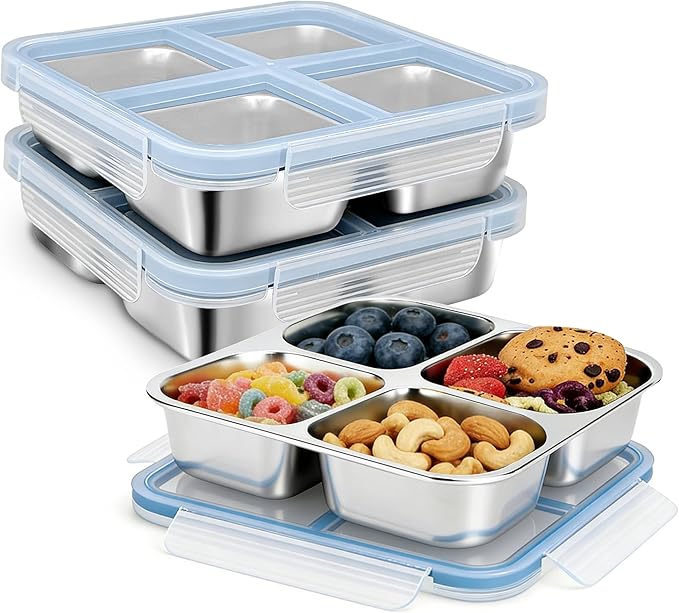 3 Pack Stainless Steel Reusable Snack Containers with Lids, 4 Compartment, Leakproof, 24.5 oz Food Storage & Meal Prep Containers, Bento Lunch Box for Adults,Men,Women(Blue)