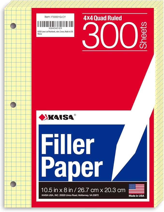 KAISA Loose Leaf Notebook Paper, 4x4 Quad Graph Ruled, 300 Sheets Per Lined Paper, 8" x 10.5", 3 Hole Punched for 3 Ring Binder, Canary, Made In USA