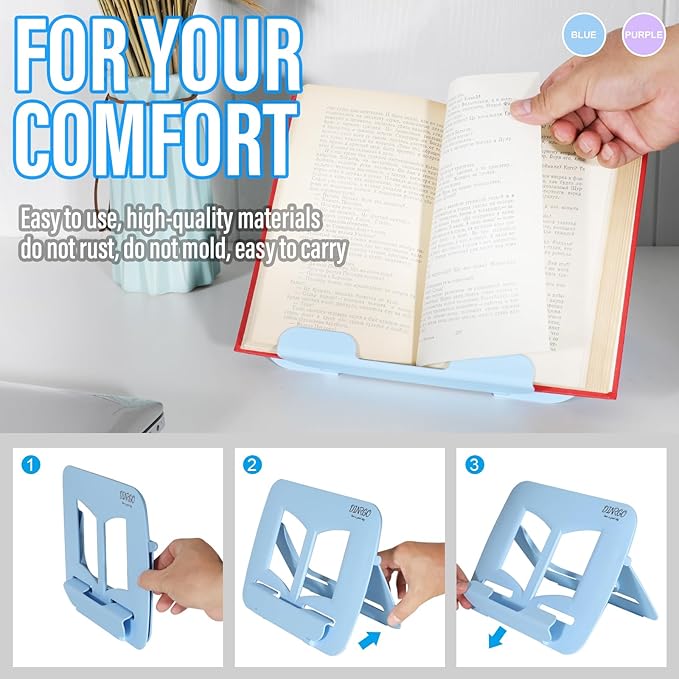 2Pack Book Stand - Waterproof Book Holder, Lightweight, Hands Free (Blue+Purple, 11.82" * 8.26")
