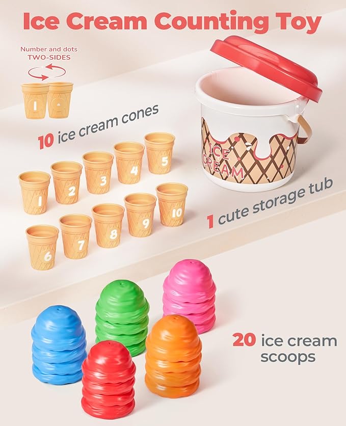 JoyCat Ice Cream Preschool Learning Activities Counting and Color Sorting Set Stacking Toys for Kids 1-5, Educational Fine Motor Skills Toys, 30PCS Math Manipulatives