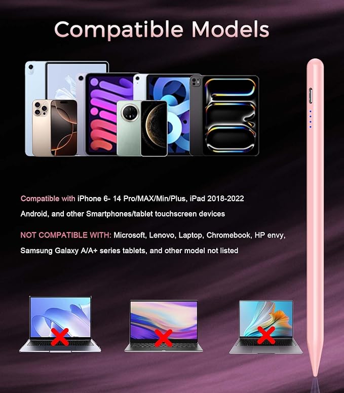 CMARS Active Stylus Pen for Touchscreen, Universal Tablet Pencil for Apple iPad/iPhone/Samsung/Huawei/Xiaomi/Android and More Devices, Rechargeable Digital Pens with Magnetic Function - Pink