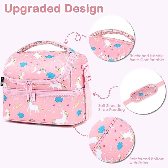 FlowFly Kids Double Decker Cooler Insulated Lunch Bag Large Tote for Boys, Girls, Men, Women, With Adjustable Strap, Unicorn
