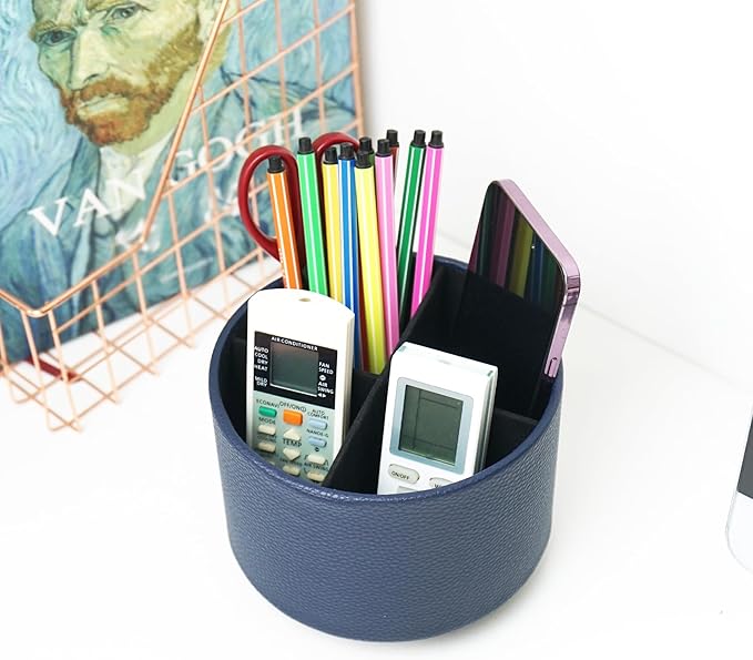 Round Leather Art Supply Organizer,Remote Control Holder,360 Degree Spinning,Multi-Functional Pencil Holder,4 Compartments Desktop Stationary Organizer(1-Lichee Blue)