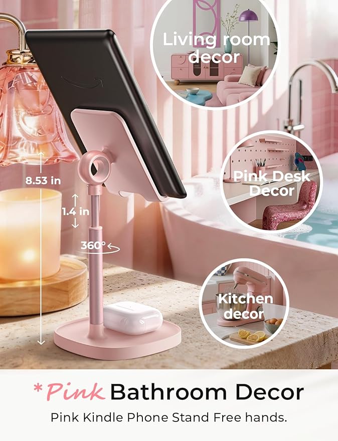 LISEN Pink Vanity Girls Room Decor Kitchen Accessories, Cute Pink Cell Phone Stand Bathroom Living Room Essentials Decor Offices Desk Accessories for iPad mini Phone Holder 4-10 in