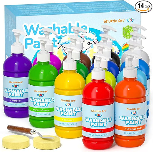 Shuttle Art 14 Colors Washable Paint for Kids, 16 oz Bulk Tempera Paint with Pump, Non-Toxic Kids Washable Paint for Art and Crafts, Home & School Must Haves