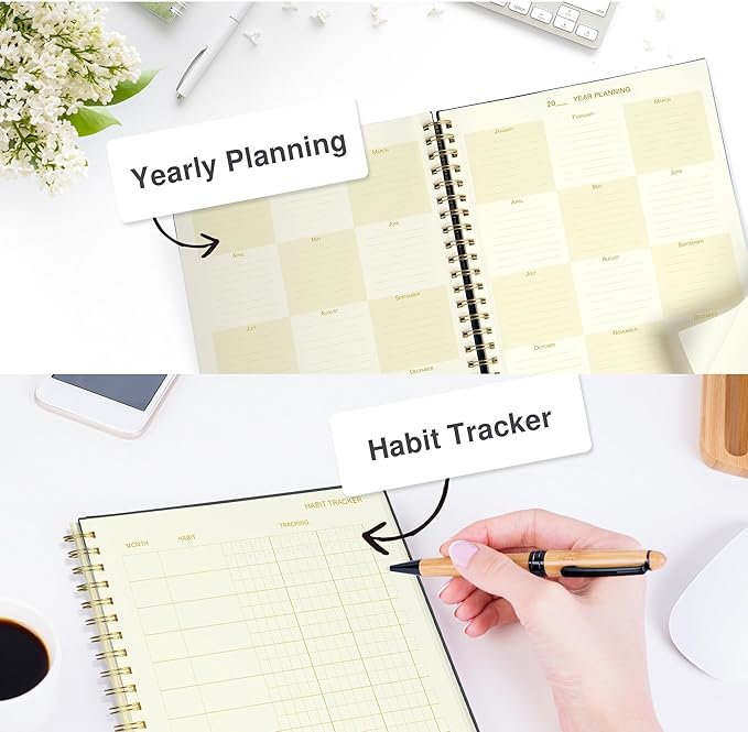 AuroPlanner Undated Daily Planner To Do List Hourly Schedule 2028 2027 2026 Calendar & Holiday Habit Tracker 180 Pages Letter Size 8.5" x 11" Sheets Hardcover Spiral Bound Notebook (Red)
