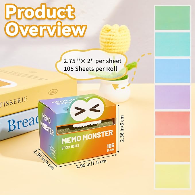 Monster Sticky Notes – Glittery Semi-Transparent Full-Adhesive Sticker Notes with Cute Monster Box, 105 Sheets for School Supplies, Office Products, Journaling, Scrapbooking & Labels （Rainbow）