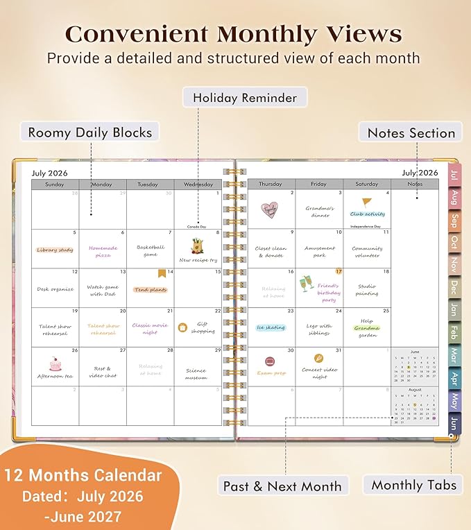 Academic Planner 2026-2027, Hardcover Weekly and Monthly Calendar Planner from July 2026 - June 2027, 8.5" x 11" A4 Large Daily Agenda with Tabs, College School Organizer for Student Teacher, Vibrant Watercolor