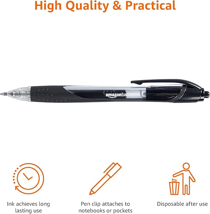 Amazon Basics Retractable Gel Ink Pens for Note-Taking and Office Writing, Fine Point 0.7mm, Smooth Writing, Black, 12-Pack