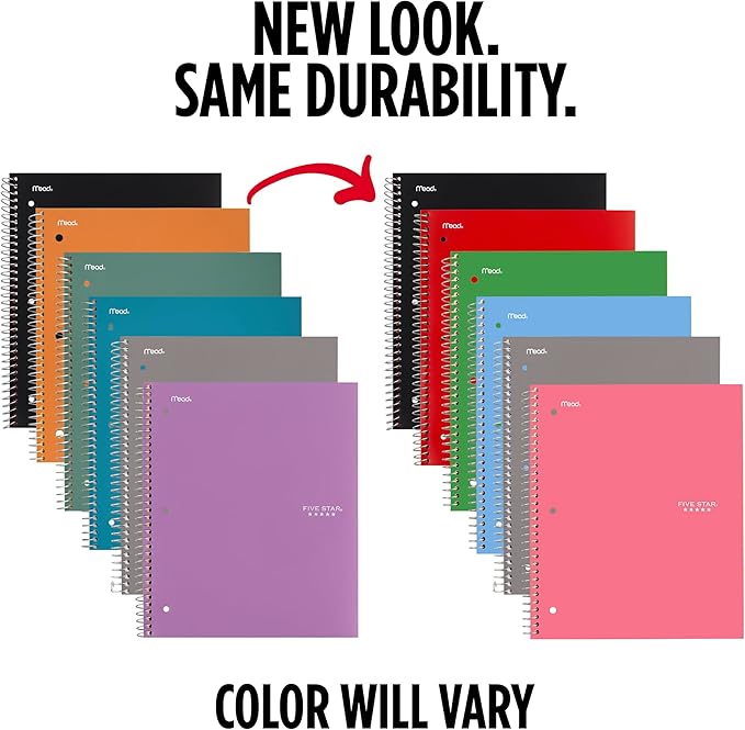 Five Star Spiral Notebook + Study App, 1 Subject, Graph Ruled Paper, 8.5" x 11", 100 Sheets, Assorted Colors, 6 Pack (73549)