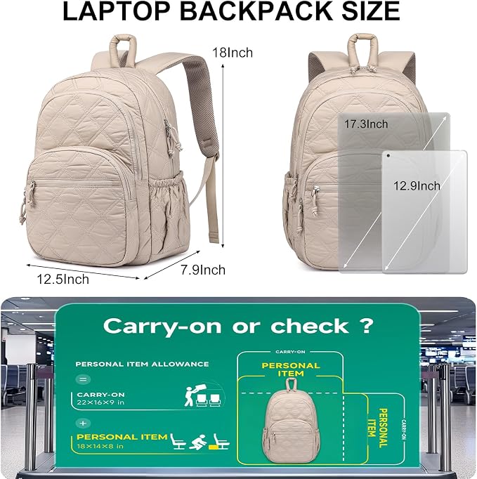 Travel Laptop Backpack for Women - 17.3 Inch College Backpacks Quilted Computer Bookbag Lightweight Casual Daypack Water-Resistant Backpacks for Students Teacher Work Camel