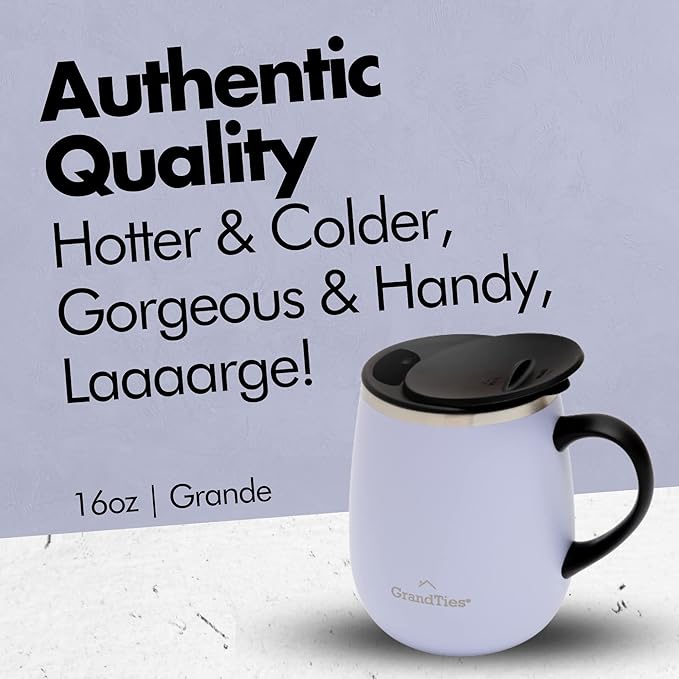 GRANDTIES Insulated Coffee Mug with Handle - Sliding Lid for Splash-Proof 16oz Wine-Glass Shape Thermal Tumbler with Double Walled Vacuum Stainless Steel to Keeps Beverages Hot or Cold-Sanctuary