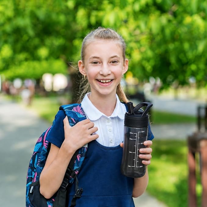 14oz Clear Kids Water Bottle with Straw Lid, BPA-Free Tritan, Measurement Scale, Sturdy Handle Wide Mouth Leak-proof Reusable Plastic Bottle for Boy& Girls, Back to School(Black)