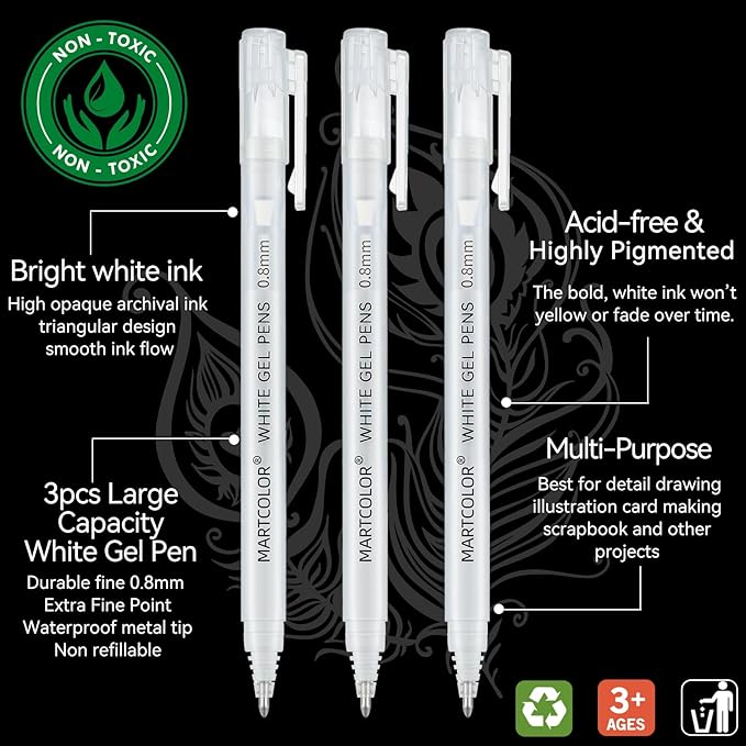 MARTCOLOR White Gel Pens, 0.8mm Extra Fine Point Opaque Archival Ink Pen for Black Paper Drawing, Art Highlight, Illustration, Bullet Journaling, Card Making & DIY Projects, 3 Pack
