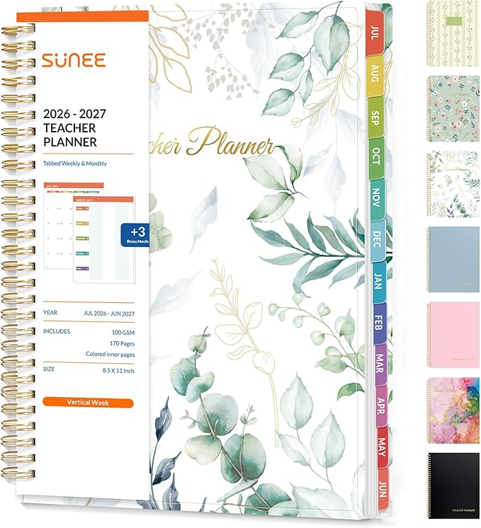 SUNEE Teacher Planner 2026-2027 Academic Year, Lite Lesson Planner Book with 7 Periods Jul 2026 - Jun 2027, 8.5"x11" Daily Weekly and Monthly Organizers, Plan Book with Pocket, Color Tabs, Full Leaf