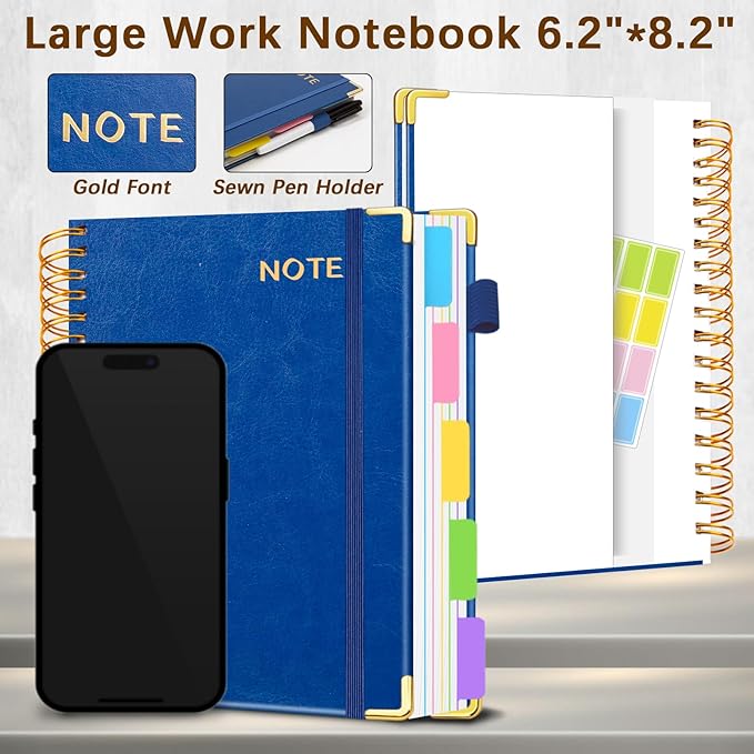 Hardcover Spiral Notebooks for Work 6.2"x 8.2", 300 Pages 5 Subject Notebook with Dividers & Tabs, A5 Spiral Journal for Women, College Ruled Notebook for School Note-Taking (Lake Blue)