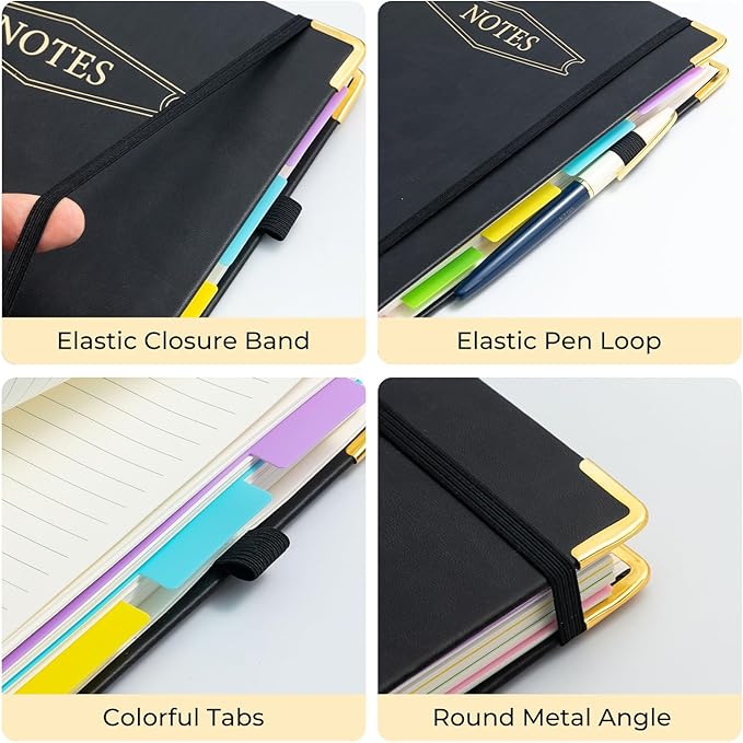 M&G Hardcover Spiral Notebook, 5 Subject Noteboook College Ruled 300 Page, Large 8"x10" B5 Notebooks for Work School, Lined Journal for Women & Men, Black