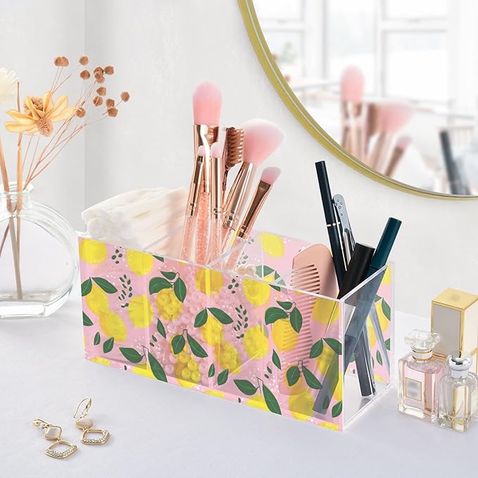 Aslsiy Lemon Fruit (2) Pen Holder for Women 4 Compartments Acrylic Pencil Holder Clear Makeup Brush Holder Desk Organizer Office Supplies