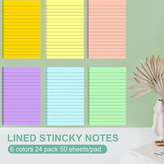 24 Pack Lined Sticky Notes 4X6 in, Self Sticky Note Pads with Lines, Large Sticky Note Memo Pad for Office, Home, School, Meeting, 50 Sheets/pad, Light Color