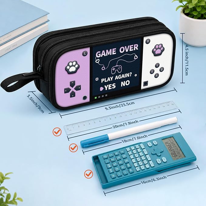 Game Controller Pencil Case for Boys Kids Teens, Large Capacity Pencil Pouch with 3 Compartments, 7 Pockets and Label Pocket for School College Office Travel (Purple & White)