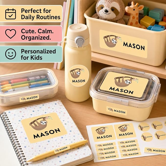 Andaz Press Custom Personalized Waterproof School Name Labels, Cute Sloth, 120-Pack, Kids Labels Combo Pack, Customizable Multi-Use Name Stickers for Preschool, Daycare, Supplies, Office, Camping