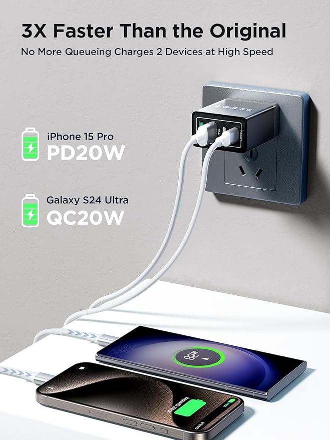 USB C Charger Block, 40W 4-Port Fast Charger 20W Type C Charging Block 3.1A USB Wall Charger Dual Port PD+QC Charging Cube for iPhone 16 15 14 13 12 Pro Max XS, iPad, Samsung Phone (Black 3Pack)