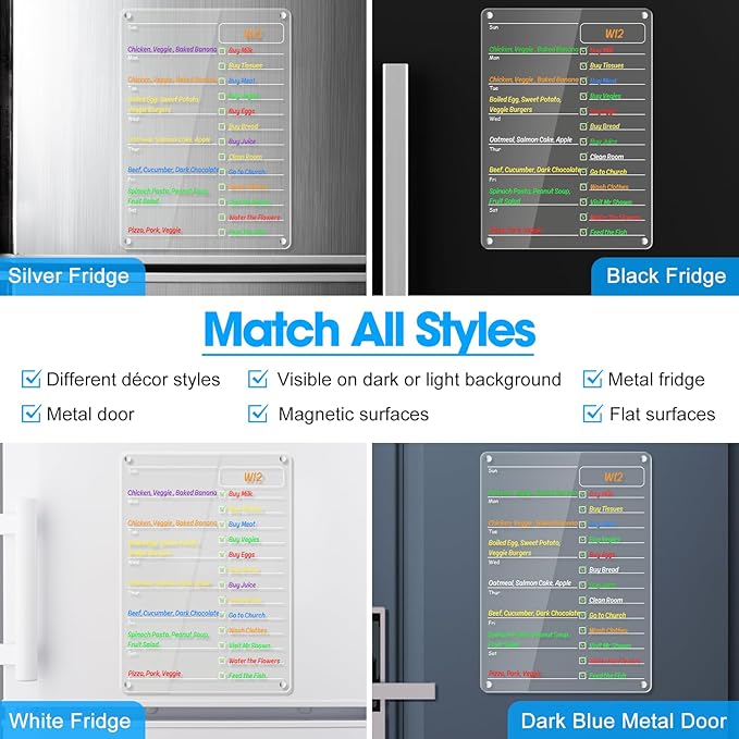 Acrylic Meal Planner Magnetic Menu Board for Kitchen Fridge Planning Board Grocery to Do List Shopping List w/ 8 Markers, Clear Weekly Calendar for Refrigerator Dry Erase Board, 12x9’’