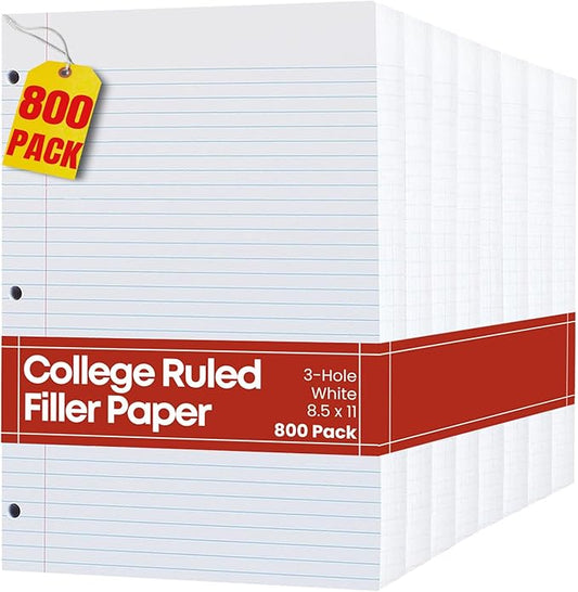 1InTheOffice College Ruled Filler Paper, Loose Leaf, 8.5" x 11", 3-Hole Punched, White, 800 Sheets – Bulk Lined Paper for School, Office, Binders