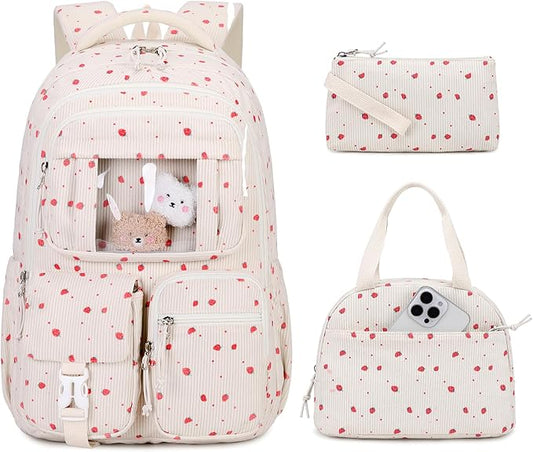 Corduroy Backpack 3PCS Kids Backpack for Girls School Bags for Middle School Students Book Bag for Elementary Primary Kawaii Ita Backpack with Lunch Box Pencil Case Set, Beige Strawberry