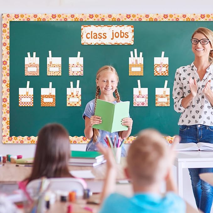 WATINC 97pcs Class Jobs Bulletin Board Set, Classroom Jobs Chart with Name Tags, Back to School Schedule Boards Pocket Chore Behavior Chart for Classroom Chalkboard Walls Decoration (Groovy Print)