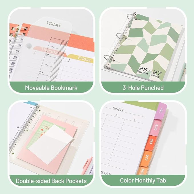 Student Planner 2026-2027, SUNEE Middle or High School Student Planner for Academic Year Jul. 2026 - Jun. 2027, 8.5"×11" Lesson Plan Book with 3-Hole Punched, Bookmark, Planning Stickers, Green Waves
