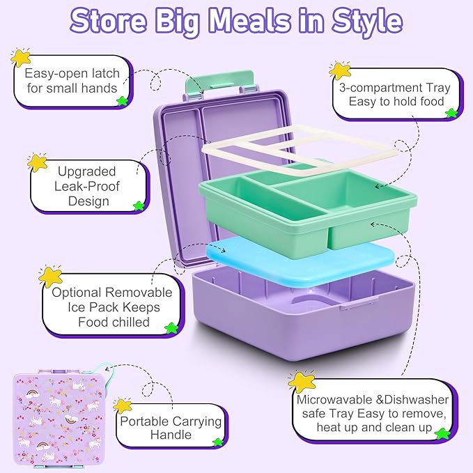 Bento Lunch Box for Kids with 17oz Soup Thermo,Insulated Tumbler Water Bottle and Insulated Lunch Bag,Leak-Proof 3 Compartment Lunch Food Container with Ice Pack for Kids to School-Horse