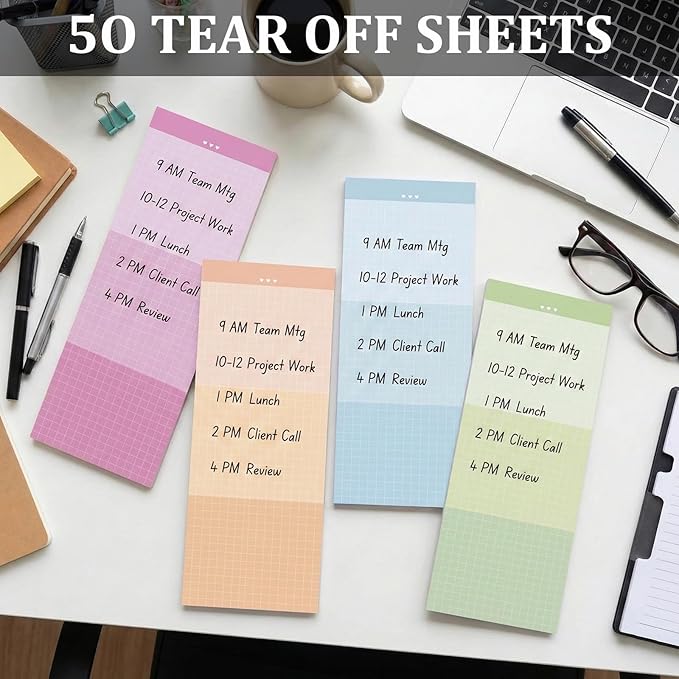 4 Pack Long Narrow Notepads - Memo Pads for Notes | 50 Sheets Each, No-Adhesive Sticky Notes Alternative for Daily Planning & Lists (Gradient Color, Grid)