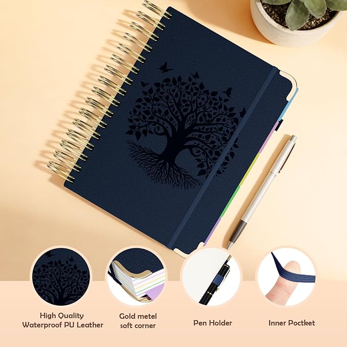 QIYVLOS Hardcover Spiral Notebook, B5 Journal with Removable Dividers Tabs, 5 Subject Notebook College Ruled, 320 Pages 8"x10" Leather Notebooks for Work School Study, Lined Journal for Women, Navy