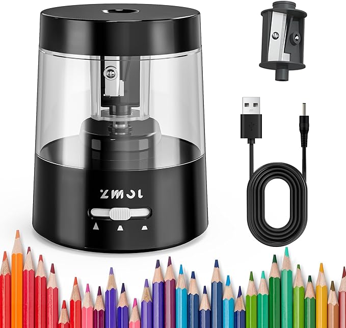 ZMOL Electric Pencil Sharpener for Kids - 3 Modes, Battery Powered & USB, Tungsten Steel, Fast Sharpening for Colored Pencil No.2, Classroom Office Home, 6-8mm, Black