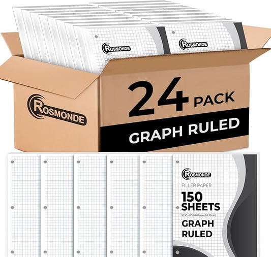 Rosmonde Loose Leaf Paper Bulk, 3600 Sheets, 24 Pack, Quad Ruled Sheets, 8" x 10.5", 3 Hole Punched, Bulk Notebook Papers, Graph Ruled Filler Paper for Binders, 150 Sheets/Pack, White