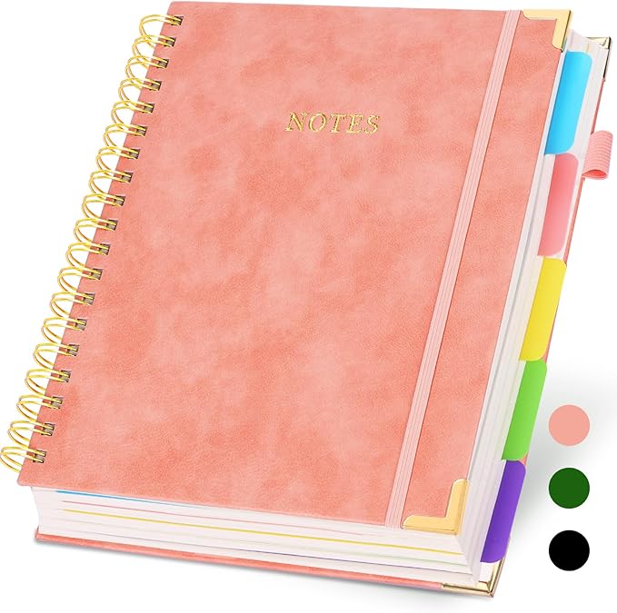 Hardcover Spiral Notebook with Dividers Tabs, 300 Pages 8"x10"(B5) Leather 5 Subject Notebook, Large Journal for Work School Note Taking, Journal for Women, Pink