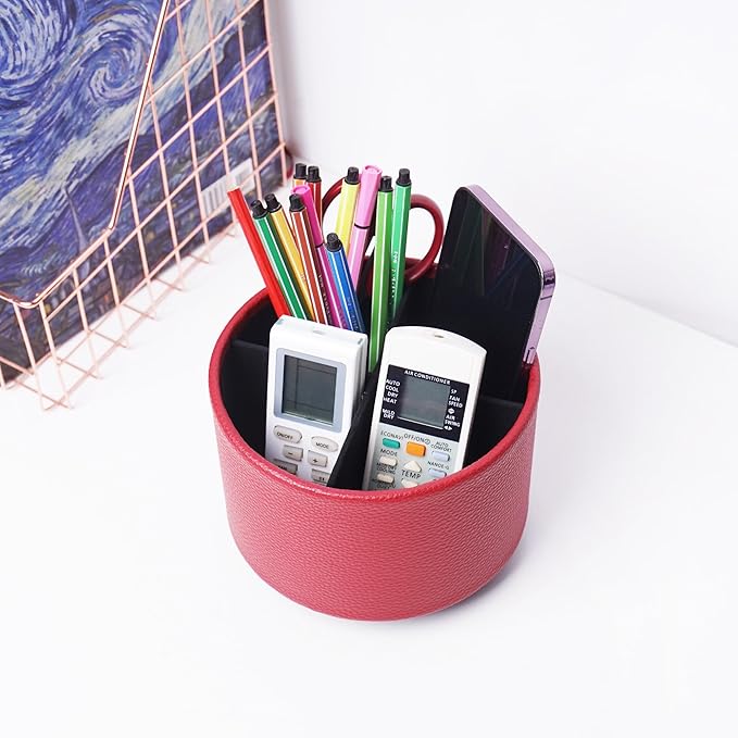 Round Leather Art Supply Organizer,Remote Control Holder,360 Degree Spinning,Multi-Functional Pencil Holder,4 Compartments Desktop Stationary Organizer(1-Lichee Red)