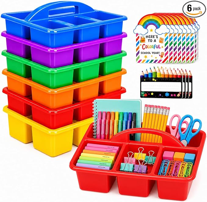 6 Pack Large Colorful Back-to-School Classroom Caddy | Plastic Caddy with Name Tags, Cards & Ribbons Back-to-school, Teachers, Classroom Organization & Group Activities