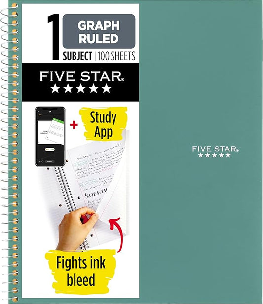 Five Star Spiral Notebook + Study App, 1 Subject, Graph Ruled Paper, 8-1/2" x 11", 100 Sheets, Fights Ink Bleed, Water Resistant Cover, Seaglass Green (620000CH1)