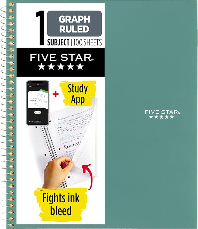 Five Star Spiral Notebook + Study App,1 Subject,Graph Ruled Paper,8-1/2" x 11",100 Sheets,Fights Ink Bleed,Water Resistant Cover,Seaglass Green (620000CH1),(Pack of 12)